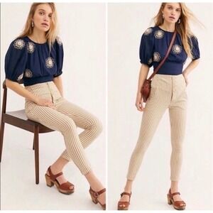 Free People Frankie Tan White Striped High Rise Button Fly Skinny Pants Size 0
